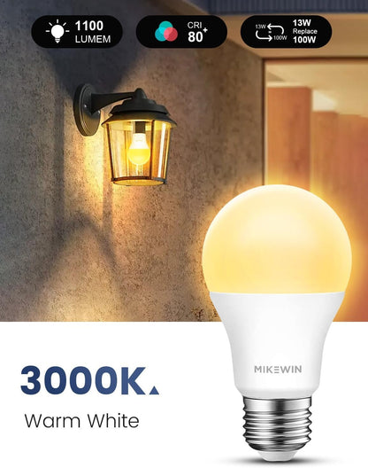 MikeWin Dusk to Dawn Light Bulbs Outdoor, Sensor A19 LED Light Bulb, 13W (100W Equivalent), 1000lm, Auto On/Off Photocell Automatic for Outdoor Lighting, for Porch Garage Yard, 3000K Warm White, 4Pack