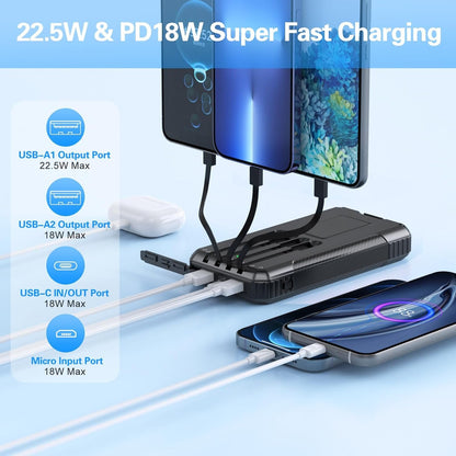 Solar Power Bank 33800mAh Built in 4 Cables, 22.5W USB C Fast Charging Portable Phone Charger, 6 Outputs & 4 Inputs with LED Camping Lights Battery Pack for Outdoor iPhone Samsung Tablet (Rose)