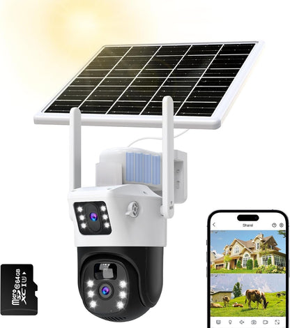 oolong Security Camera Outdoor Wireless with Dual Lens Dual PIR,10400mAh Battery,355Â°P 90Â°T, 8W Solar Panel,Solar Home WiFi Surveillance Ring Camera with Color Night Vision,64GB Card Included,IP66