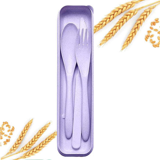 Reusable Utensils Set with Case, Portable Wheat Straw Cutlery Set, BPA-Free and Eco-Friendly Knife Spoon Fork, Travel Utensils for Office, Dorm, and On-The-go (Purple, 1)