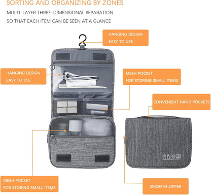 Hanging Toiletry Bag, Waterproof Travel Makeup Organizer for Women, Portable Wash Bag for Camping and Outdoor, Multifunctional Travel Cosmetic Bag with Ample Capacity (Grey)