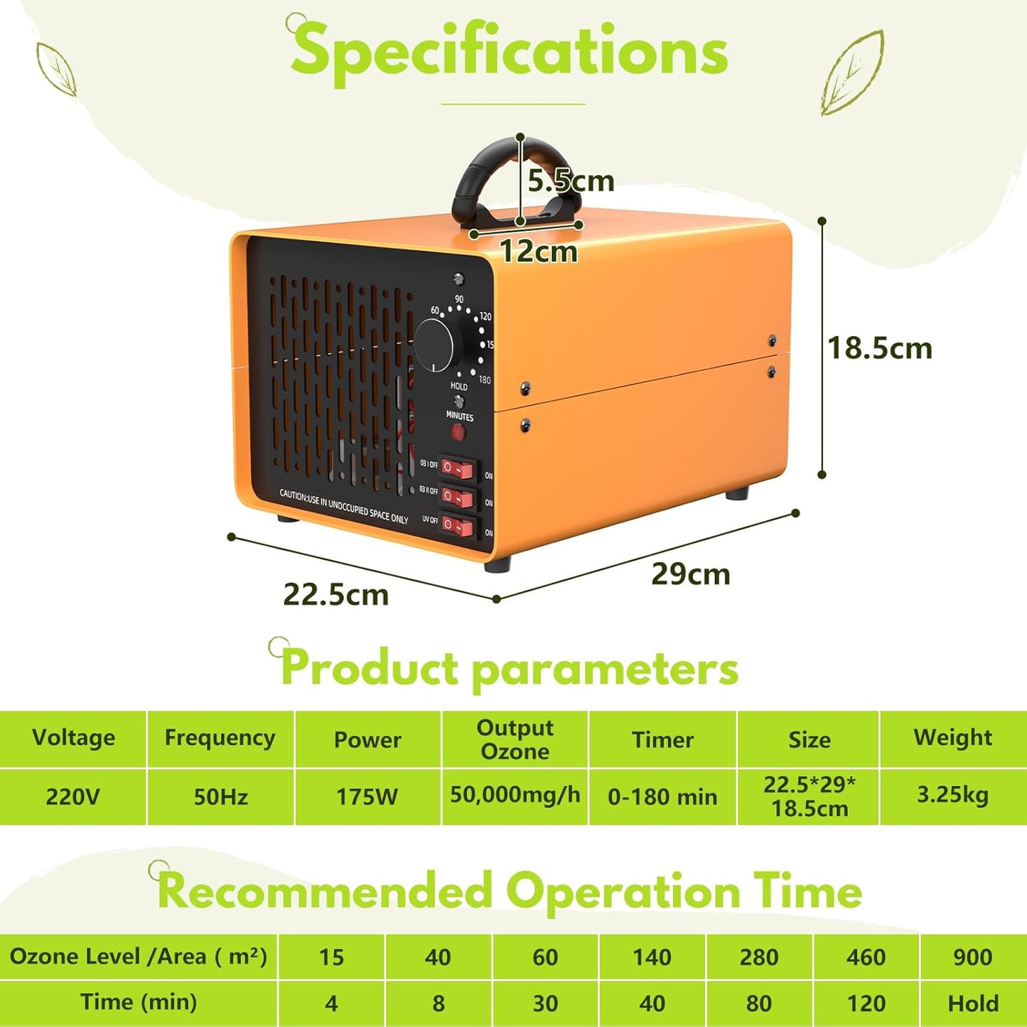 Snowtaros Ozone Generator 50,000 mg/h, Ozone Air Purifier with Timer 180Min, Air Freshener Ionizer for 900㎡, Ozonizer for Rooms Home Car Hotel