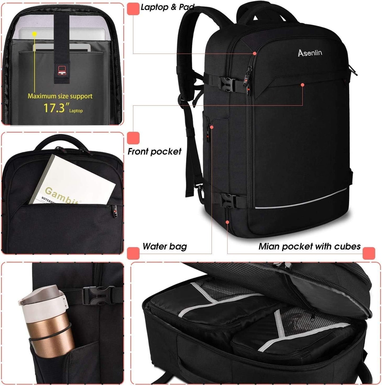Asenlin 40L Travel Backpack ï¼Œ17 Inch Laptop Backpack Flight Approved Luggage Carry On Water Resistant Computer Backpack