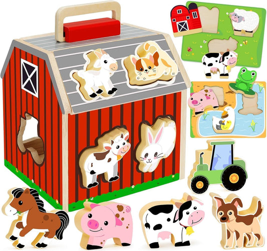 Fohouse Wooden Farm Animals Shape Sorter Toys, Take-Along Sorting Barn Toy with Baby Chunky Puzzles, Montessori Shape Sorting Learning Toys for Fine Motor Games for Toddlers Kids Ages 2+