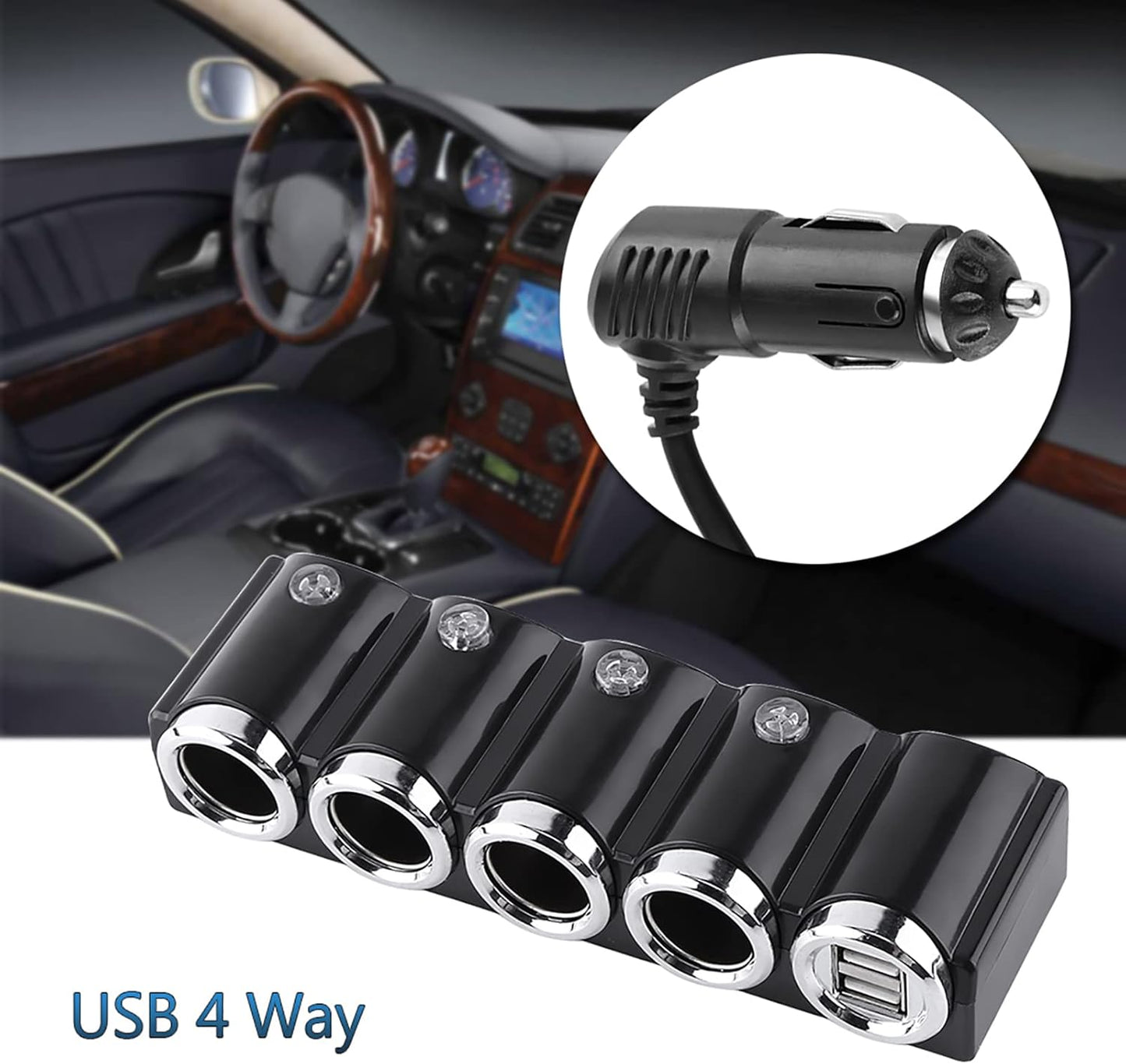 Cigarette Lighter, DC 12V/24V USB 4 Way Cigarette Lighter Socket Splitter with Two USB Ports, Charger Adapter for Electronic Equipment