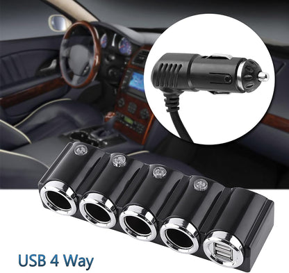 Cigarette Lighter, DC 12V/24V USB 4 Way Cigarette Lighter Socket Splitter with Two USB Ports, Charger Adapter for Electronic Equipment