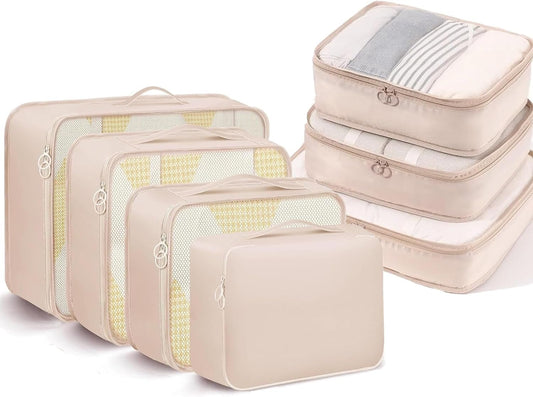Packing Cubes, 7 Set Travel Packing Bags, Suitcase Organisers for Clothes, Travel Cubes Storage Bag Luggage Accessories (Beige, Packing Cubes + Underware Bag)