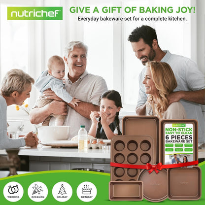 NutriChef Nonstick Bakeware Set – Copper Carbon Steel Baking Sheets & Trays, Quality Kitchenware for Cooking & Baking, Attractive Oven Trays, Durable, Easy Clean, 6pc
