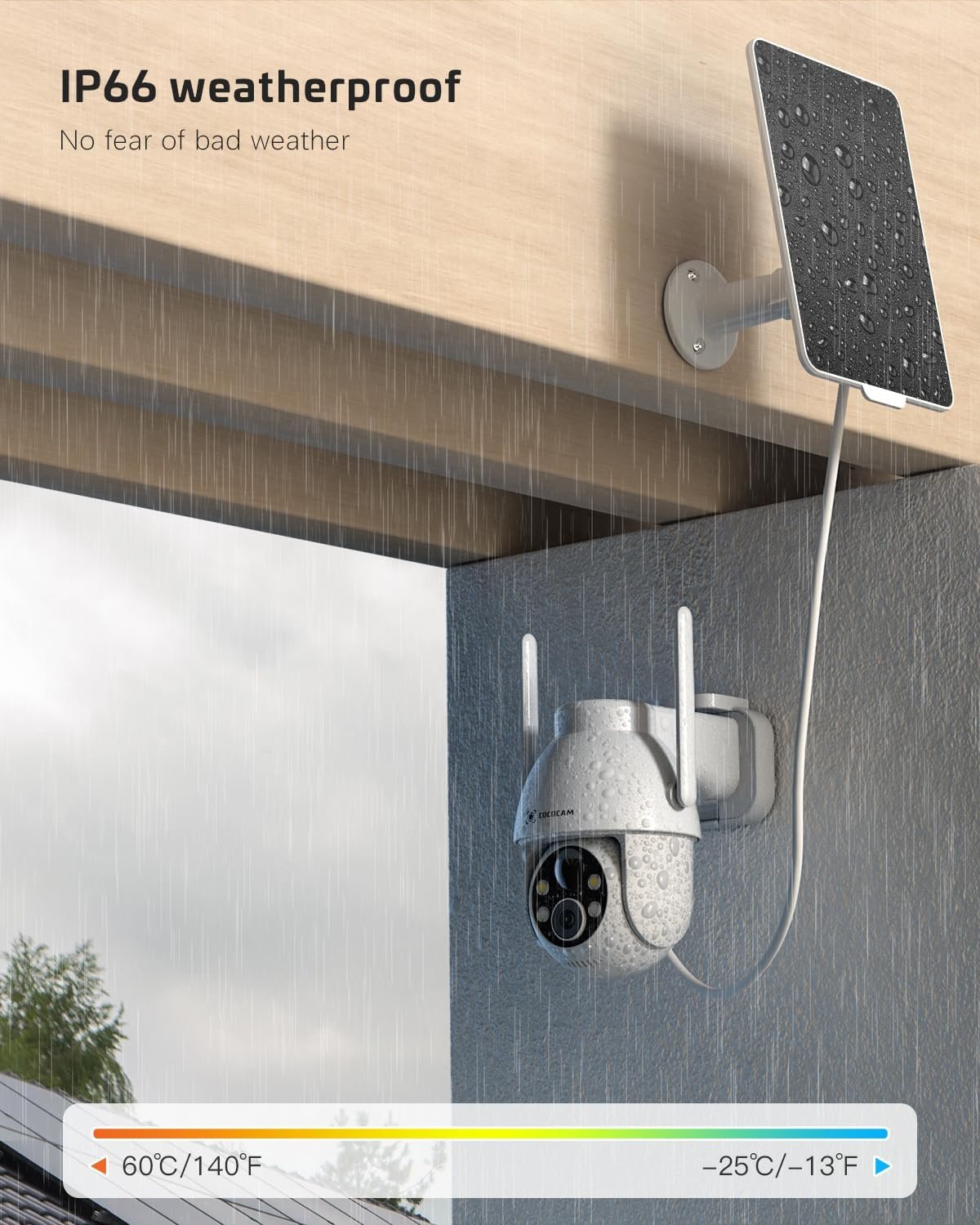 COCOCAM 2PCS Solar Camera Outdoor Wireless, 2K PTZ 2.4GHz Wi-Fi, Home Security, AI Motion Detection, Color Night Vision, 2-Way Audio, IP66, Cloud