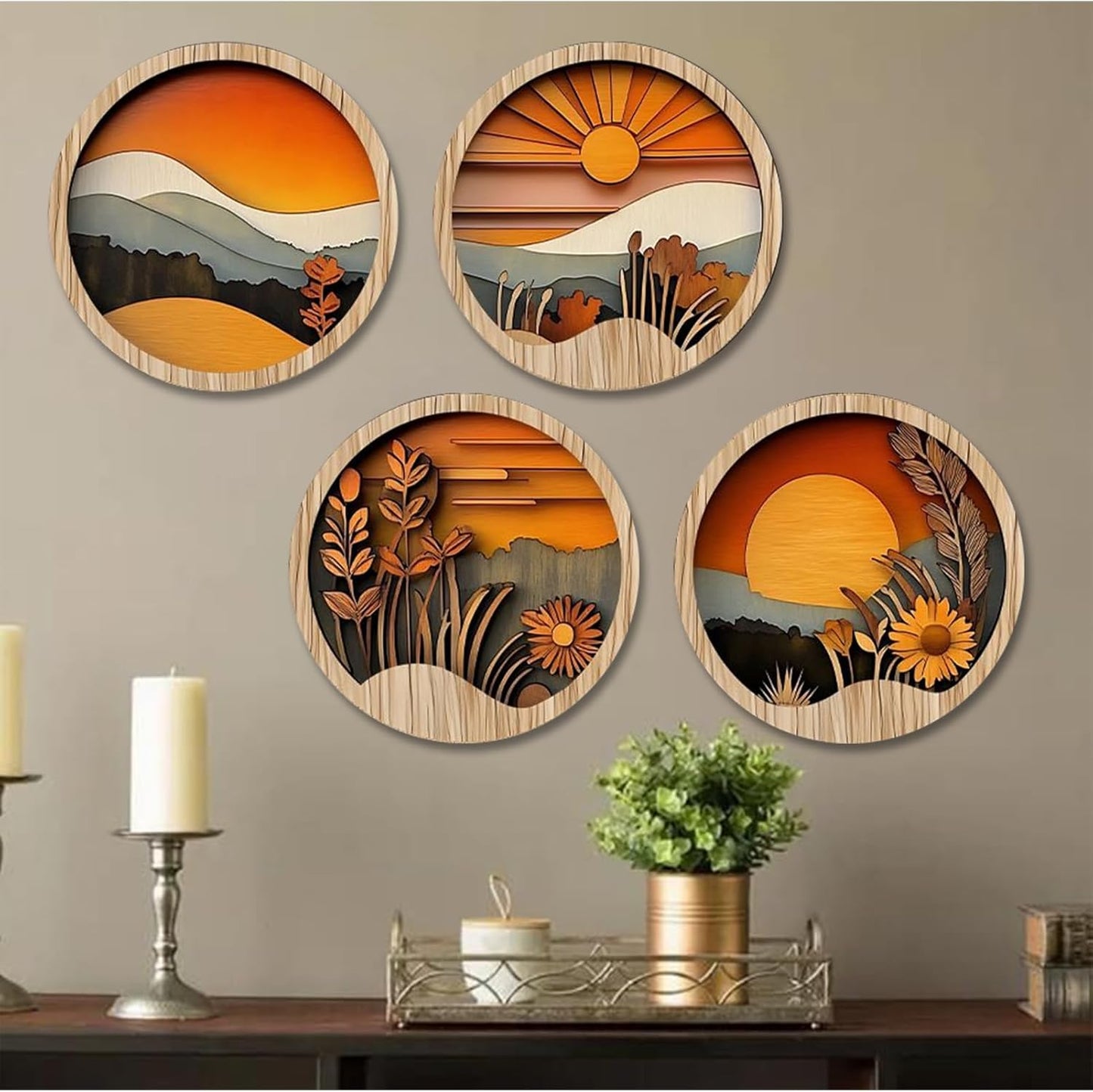Tuxuseo Boho Wood Wall Decoration, Bohemian Wall Decoration for Bedroom, 4 Round Wooden Frames, 20 x 20 cm, Geometric Art for Home, Hallway, Entrance Area, Windowsill