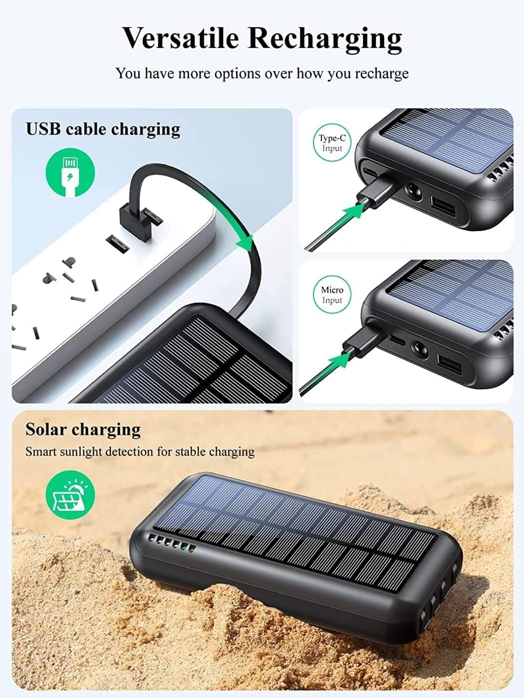 UYAYOHU Power-Bank-Solar-Portable-Charger - 40000mAh Power Bank Large Capacity Built in 3 Output and 1 Input Cables and Flashlight 5V3.1A Quick Charge Compatible with All Smart Phones and USB Devices
