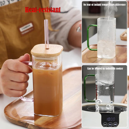 Glass Drinking Cup 400ML Square Glass Tumbler with Handle Clear Coffee Cups with Lids and Straws Portable Water Bottles Milk Jar Can hold various beverages. (Transparent)