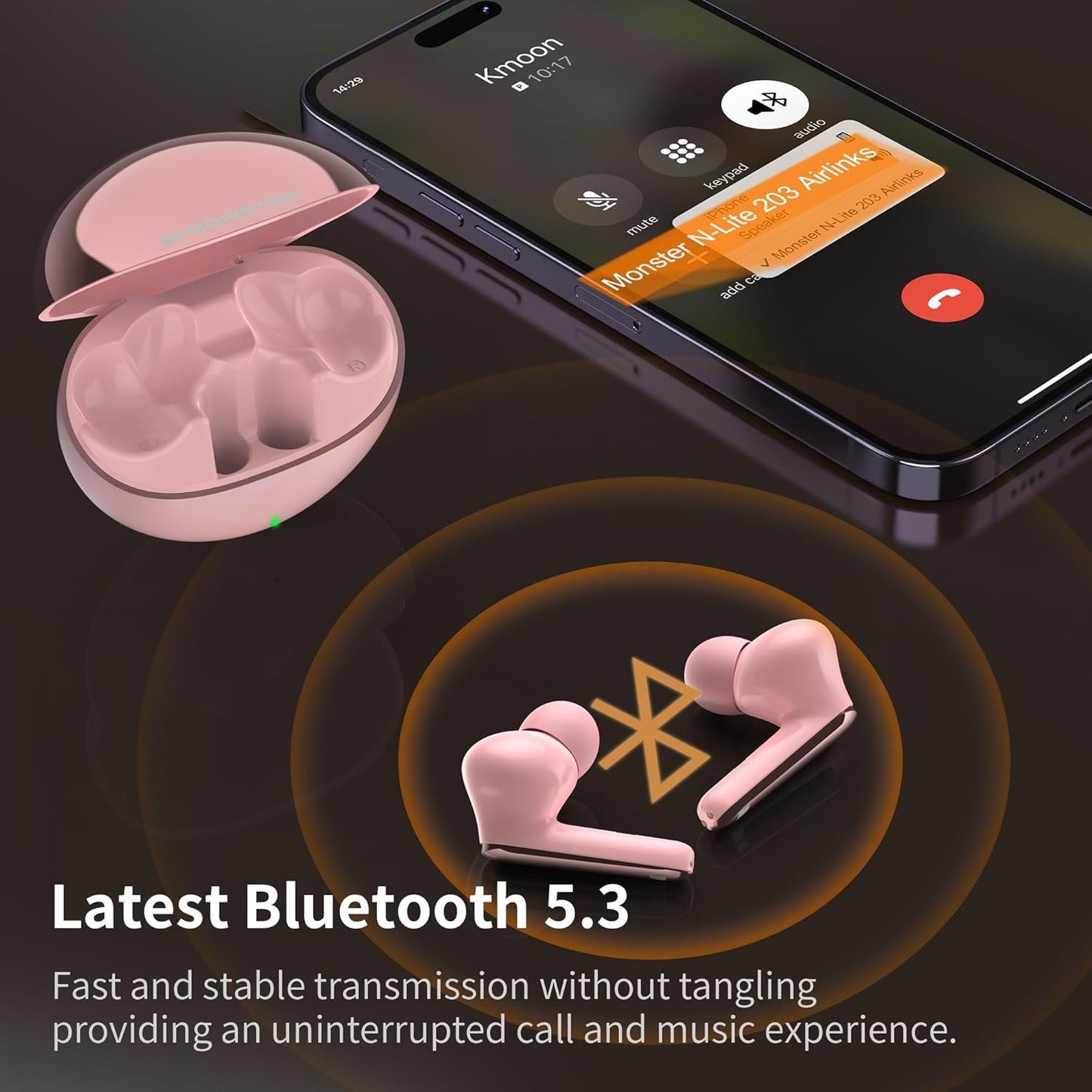 Monster N-Lite 203 AirLinks Wireless Earbuds, Bluetooth 5.3 Headphones HiFi Stereo, 30H Playtime, Type-C Charging, HD Clear Call, Touch Control, IPX6 Waterproof in-Ear Earbuds
