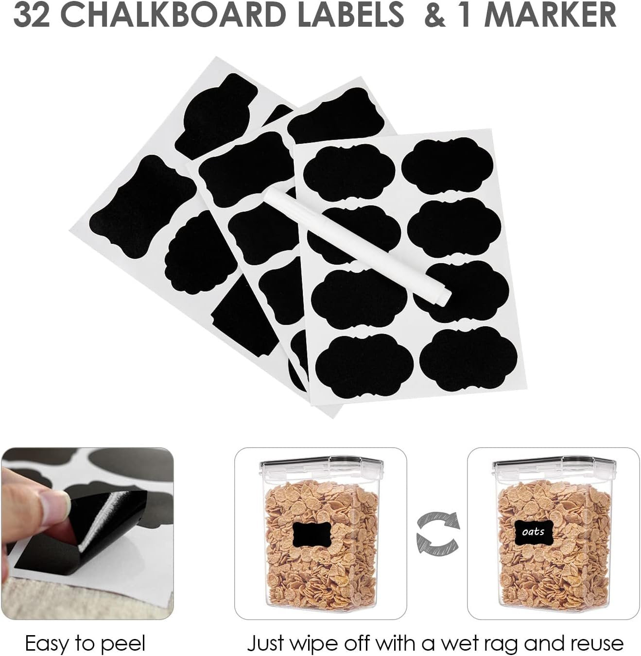 Vtopmart 32pcs Food Storage Container Set, Kitchen & Pantry Organizers and Storage, BPA-Free Plastic Airtight Pantry Container with Lids for Cereal, Flour and Sugar, Includes 32 Labels (Black)