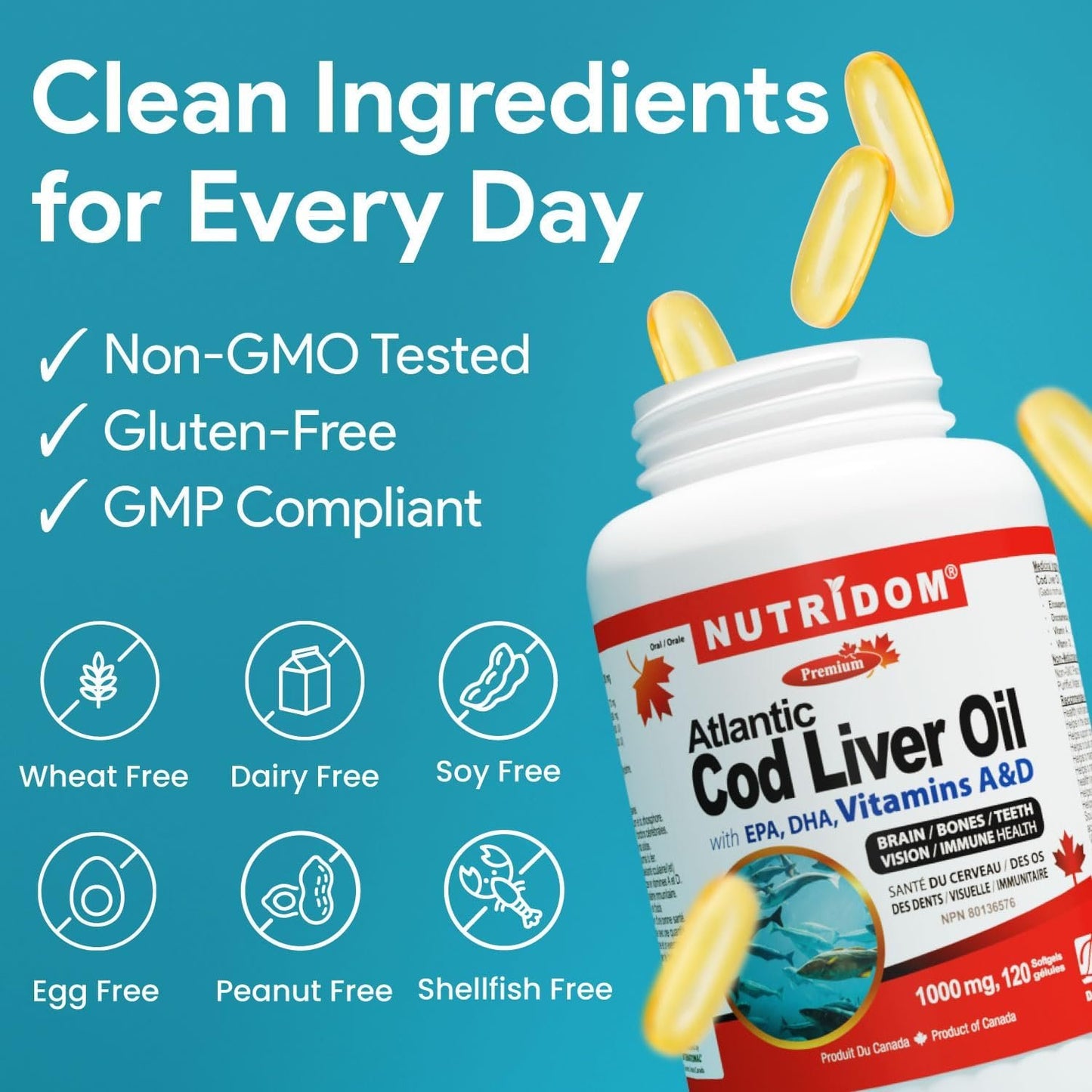 NUTRIDOM Atlantic Cod Liver Oil 1000 mg – 120 Fish Gelatin Softgels – Rich in EPA, DHA, Vitamins A & D – Non-GMO, Gluten-Free, Made in Canada