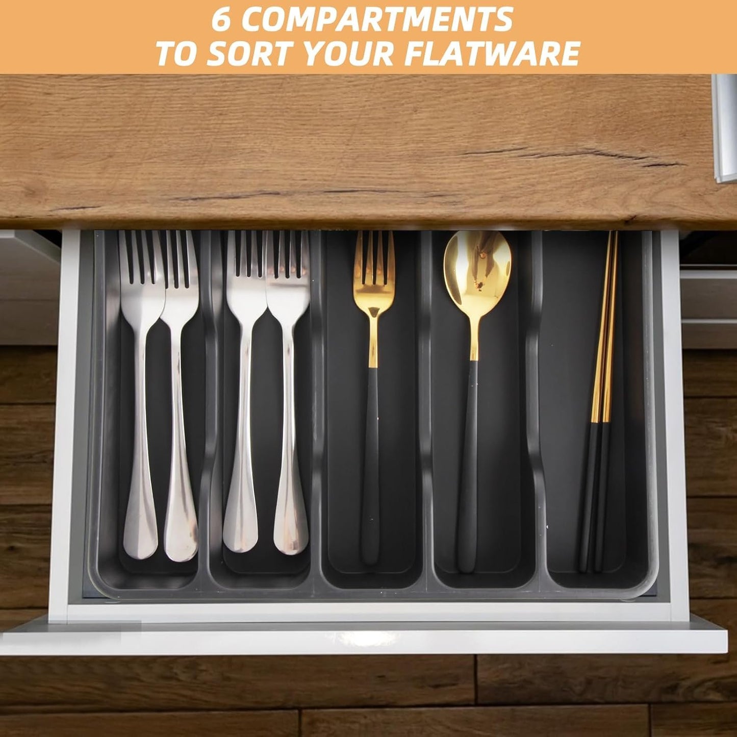 Silverware Organizer with Lid, Utensil Tray for Kitchen Drawer and Countertop, Plastic Cutlery and Flatware Storage Box for Spoons Forks Knives Holder Case, 6 Compartments, Black