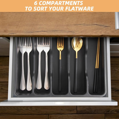 Silverware Organizer with Lid, Utensil Tray for Kitchen Drawer and Countertop, Plastic Cutlery and Flatware Storage Box for Spoons Forks Knives Holder Case, 6 Compartments, Black