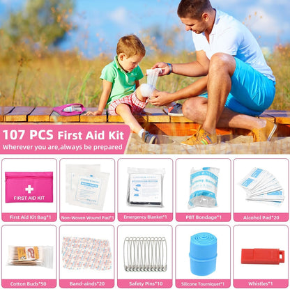 VEIYIE Roadside Emergency Car Kit for Vehicles, Pink Car First Aid Kit Emergency Kit with Jumper Cables, Car Safety Kits, Tow Strap, Tool Kit, Road Trip Assistance for Men, Women, New Driver Gifts