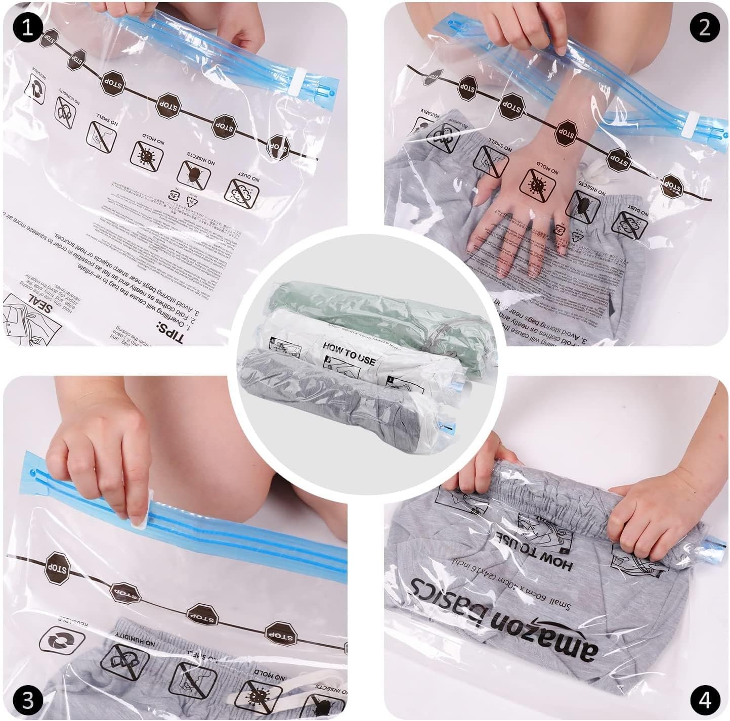 Amazon Basics Roll-Up Travel Storage Bags, 12 Packs of 6 (Small & Medium), Multiple, Clear
