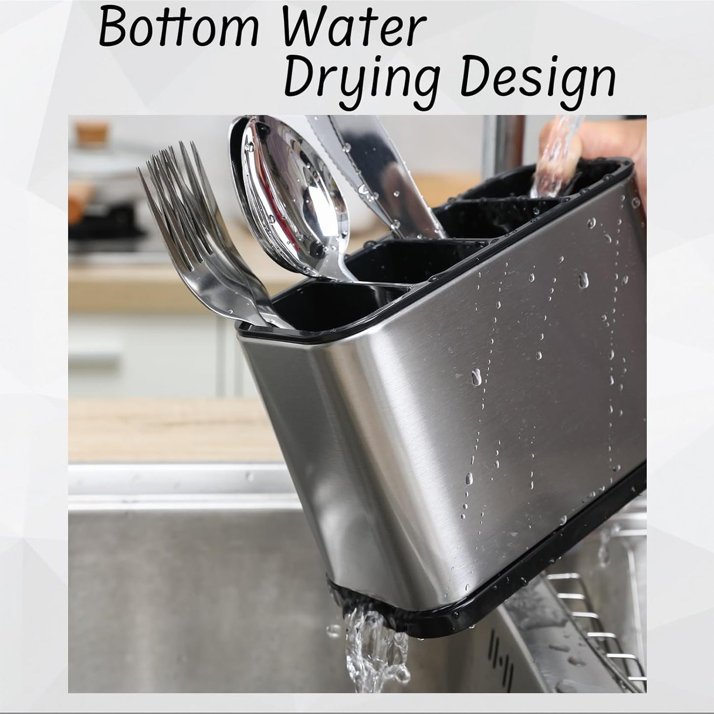 4-Compartment Stainless Steel Utensil Holder with Removable Tray, Anti-Slip, Quick-Dry Design, Rust-Proof Cutlery Organizer for Kitchen Countertop (18x8.6x13cm)