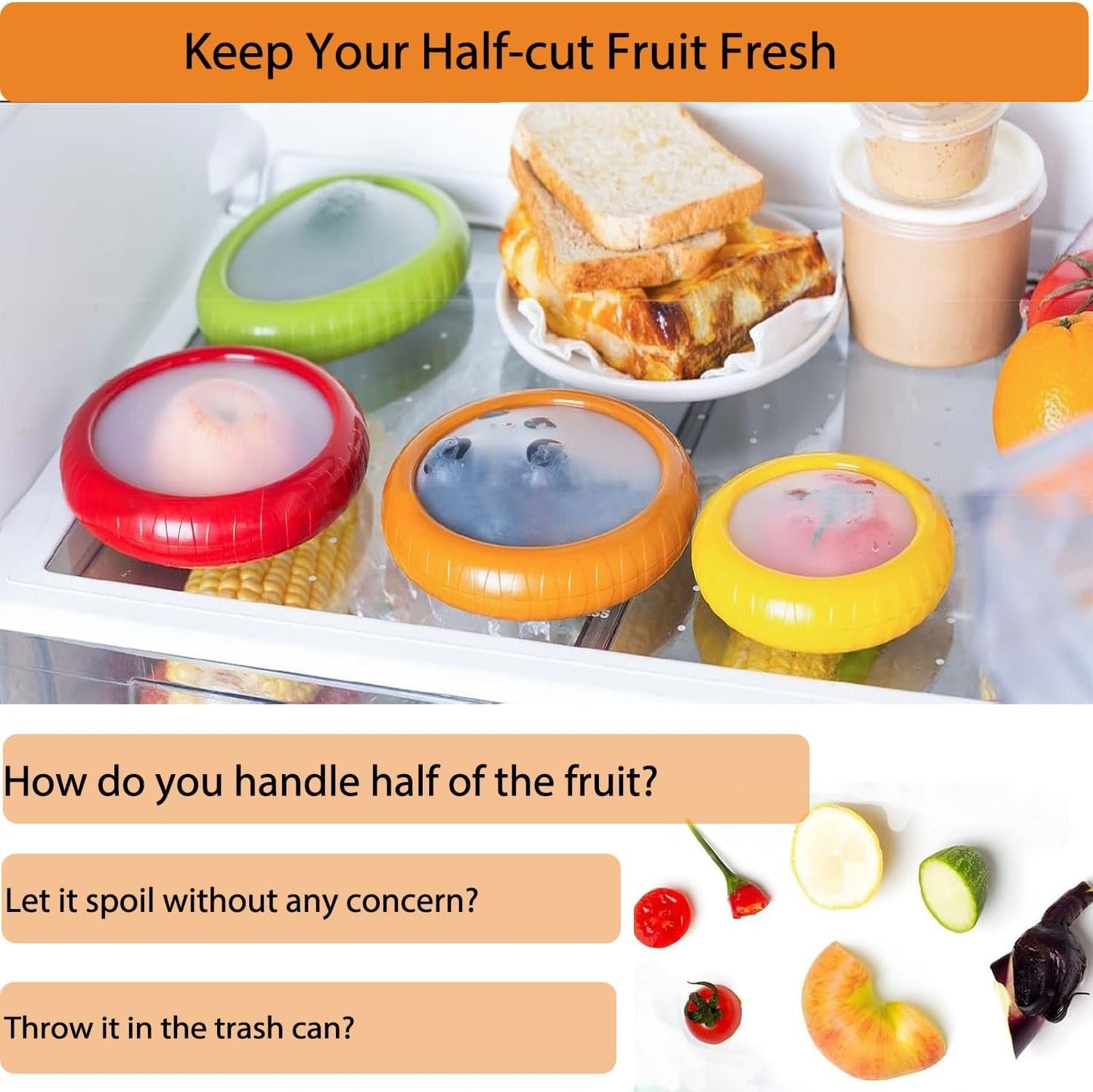 Avocado Saver and Tomato Holder - Set of 4 Reusable Silicone Fruit and Vegetable Storage Containers for Fridge - Ideal for Garlic, Onions, Lemons, and Potatoes