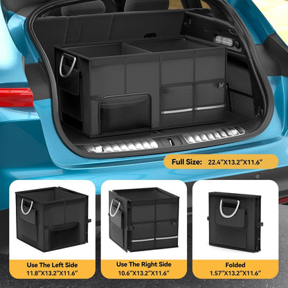 CLESOO Car Trunk Organizer Basket with Lid - Collapsible Multi Compartment Vehicle Organizer - Multiple Pockets, Multi-purpose Travel Accessory - Anti-slip Leak-proof Fits any Car, SUV, Minivan