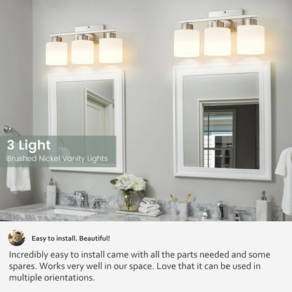 Capaaobc 3 Light Bathroom Light Fixtures, Brushed Nickel Vanity Lights Over Mirror for Bathroom, Modern Bathroom Vanity Light with Milky White Glass Shades, Anti-Rust E26 Base Lighting Fixtures