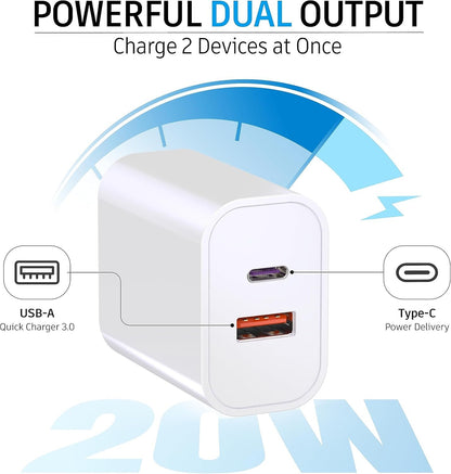 3 Pack USB C Charger Block, 20W Dual Port PD+QC Power Wall Adapter, Quick Fast Charging Plug Cube for iPhone 15/14/13/12/11/Pro Max/XS/XR/X, Galaxy S24/S23/S22, LG and More