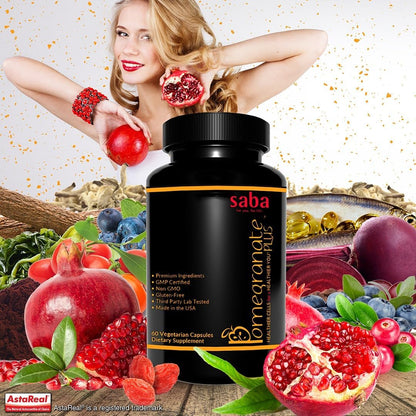 Saba Pomegranate Plus -Cellular Nutrition, Broad Spectrum of Essential Antioxidants - Support Stress, Cardiovascular Wellness, Immune System, Vision- 60 Capsules