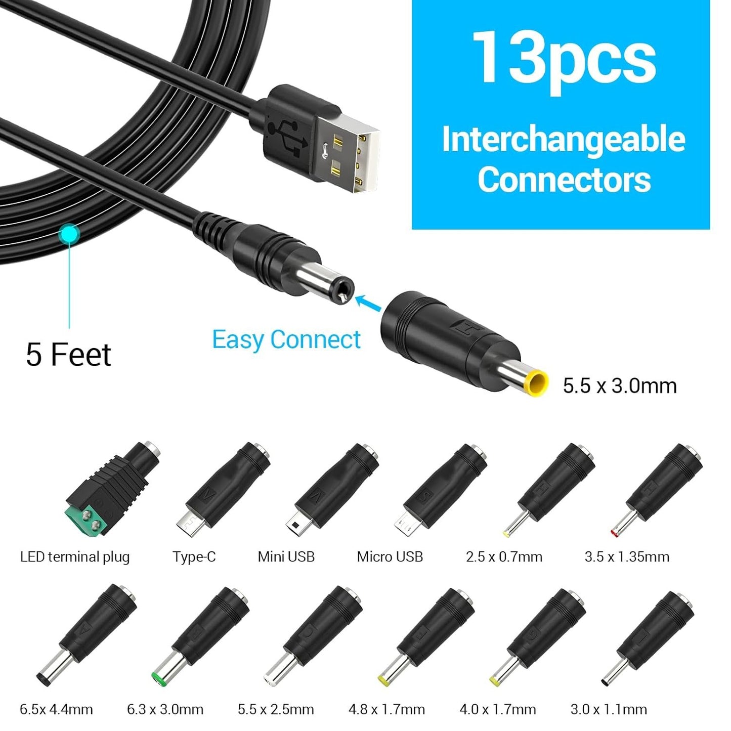 SoulBay USB Charging Cable to DC 5V Universal Power Cord with 13 pcs Adapters DC5V Charger Replacement for Tablet LED Light Massager Fan Speaker, Includes USB-C and Micro-USB Plug, 150 cm