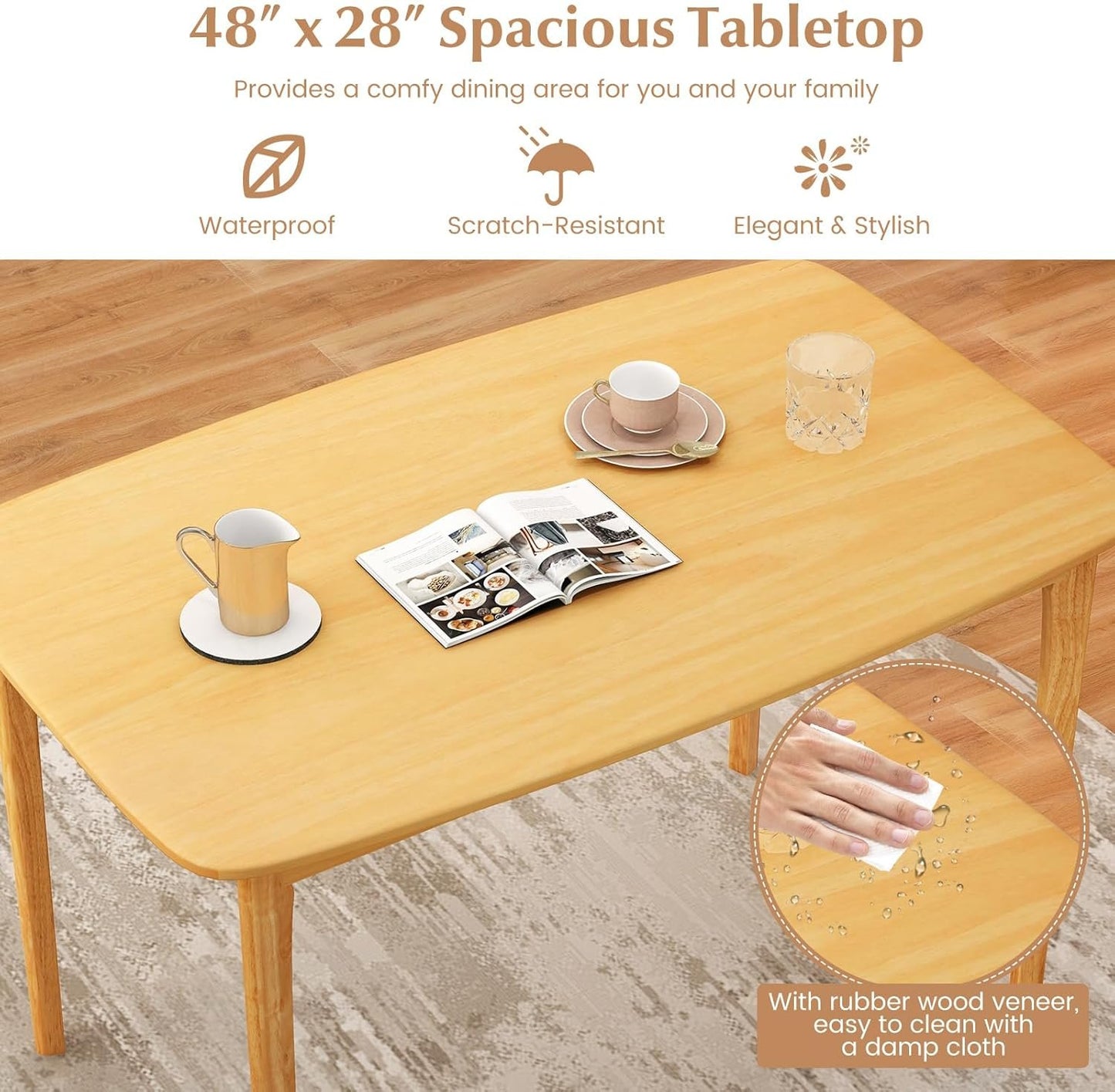 COSTWAY Dining Table, 48” Wooden Rectangular Kitchen Table with Solid Rubber Wood Legs, Spacious Tabletop, Modern Farmhouse Dinner Table for Kitchen, Dining Room, Restaurant