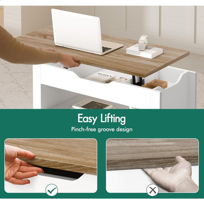 ALFORDSON Multifunctional Lift-Top Coffee Center Table Wood White Color, Dining Table for Living Room, Office, Reception & Dining, Featuring Rising Tabletop Surface, Hidden Compartment & Open Shelf