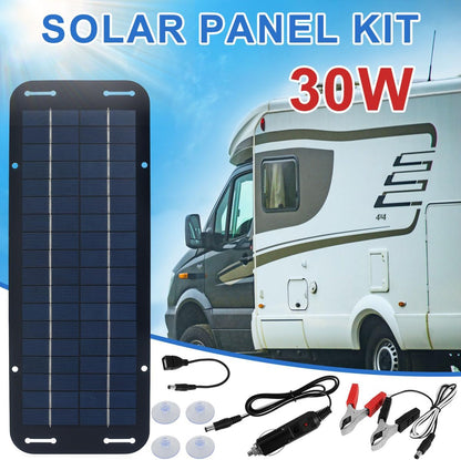 Fxvhojq Solar Trickle Charger, Waterproof 30W12V Solar Panel Kit, Portable Solar Powered Charger Kit with 4 Suction Cups, High-Efficiency Car Battery Charger for Car RV Boat Motorcycle 13.7 * 4.9inch