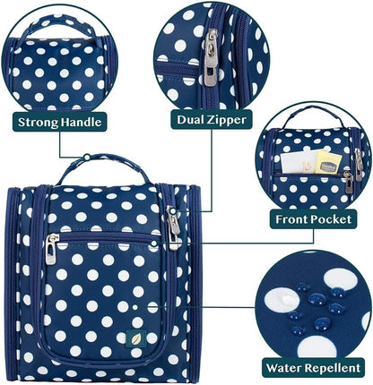 PAVILIA Toiletry Bag Travel Bag for Women Men, Hanging Cosmetic Organizer, Water Resistant Makeup Bag for Accessories Toiletries, Large Travel Essentials Kit (Navy Polka Dot)