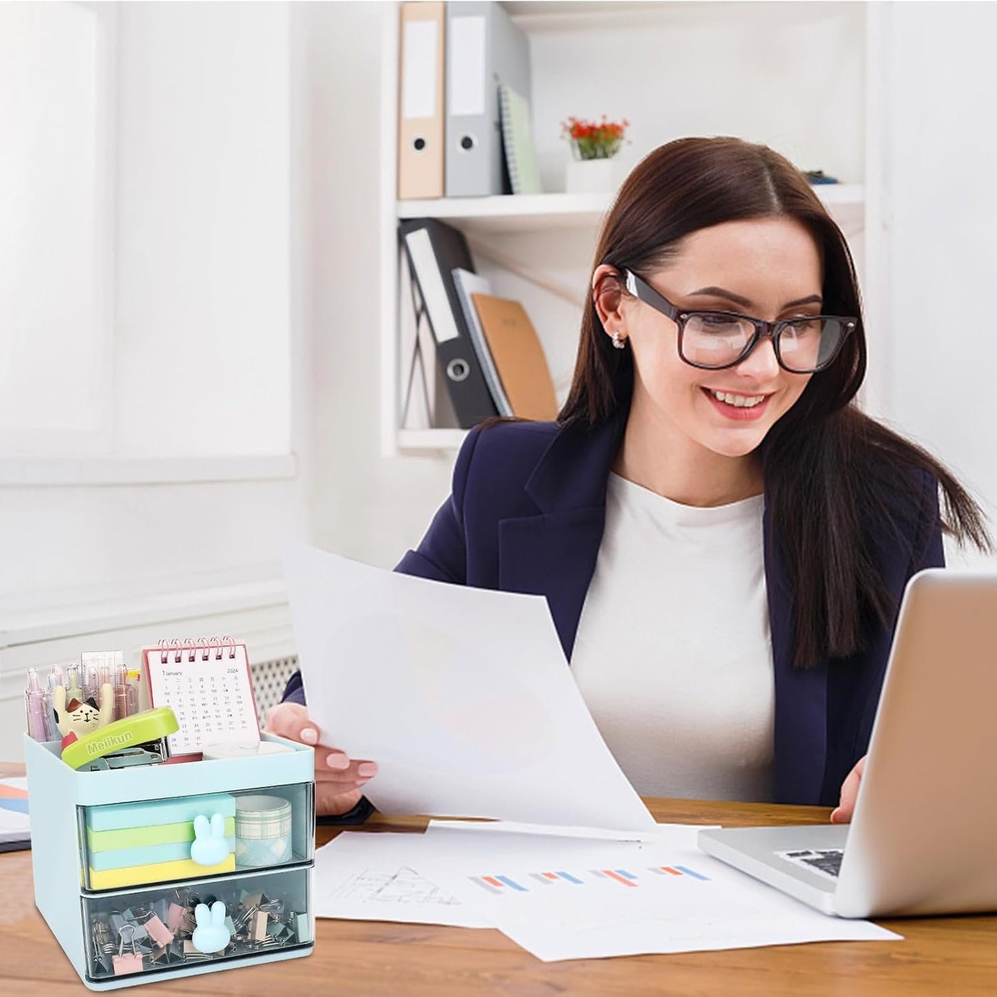 Meiikun Desk Organizer with 2 Drawers, 2 Compartments & a Top Tray, Small Desktop Organizers, Cute Makeup Brush Holder, Office Accessories Home Organization for Women, 13 cm x 15 cm x 11.5 cm (Blue)