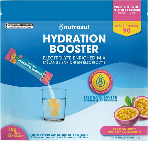 Nutrazul Hydration Booster | Supports Rapid Hydration | Electrolyte Enriched Mix | No Artificial Sweeteners | Passion Fruit Flavour | Vegan, Gluten-Free, Non-GMO | 90 Sticks