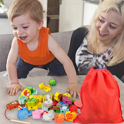 LITTLEFUN Preschool Montessori Wooden Threading Toys with Animals Fruits Number Alphabet Traffic Beads for Kids Toddler - Best Toy Gifts