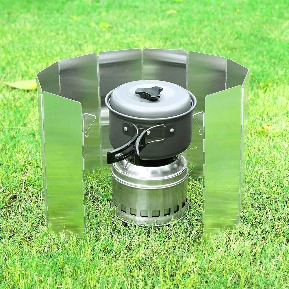 Ohuhu Camp Stove Windscreen - 10 Plates Lightweight Folding Stove Windshield, Portable Aluminum Camping Picnic Cooker Stove Wind Screen with Drawstring Bag for Outdoor Hiking, Backpacking, Travel