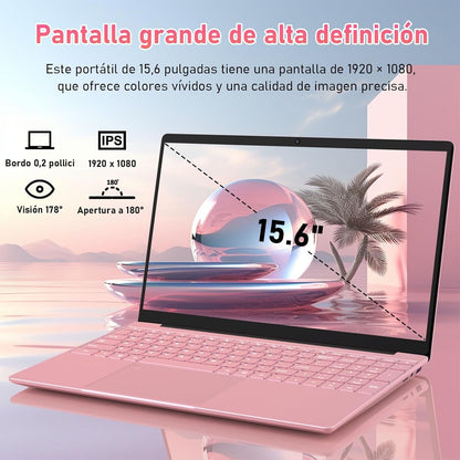 Auusda 15.6 Inch Full HD Laptop, 32GB DDR4 RAM 1TB SSD, N95 Up to 3.4GHz with Fingerprint Unlock Notebook, Cooling Fan, Webcam, Dual Speakers, Mini HDMI, Student/Business Laptop - Pink