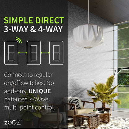 Zooz 800 Series Z-Wave Long Range S2 On Off Switch ZEN76 800LR, White | Simple Direct 3-Way and 4-Way Solution (Works with Regular Switches, No Aux Switch Needed) | Z-Wave Hub Required