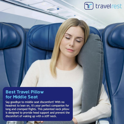 Travelrest Ultimate Travel Pillow for Neck and Body, Airplane and Car Seats, Inflatable Space Saver for Sleeping on Long Flights, Nap on Road Trips, Car and Bus Travel (Grey)