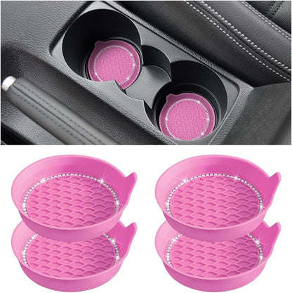 TSUGAMI Bling Car Cup Holder Coaster, 4 Pack Universal Insert Coasters with Crystal Rhinestone, Silicone Non-Slip Shockproof Drink Mat, Car Interior Accessories Fashion Decor for Women Girl (Pink)