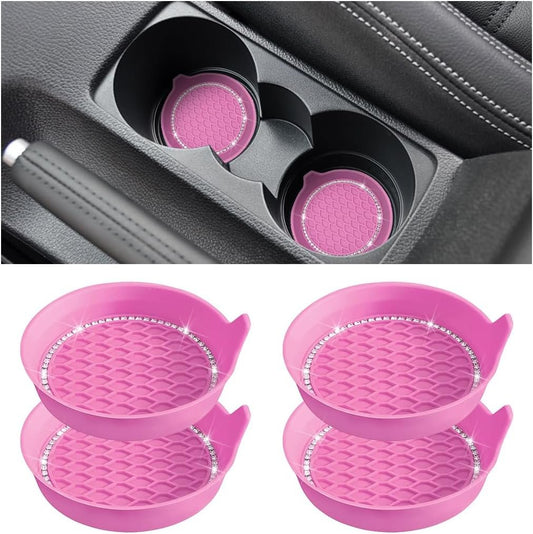 TSUGAMI Bling Car Cup Holder Coaster, 4 Pack Universal Insert Coasters with Crystal Rhinestone, Silicone Non-Slip Shockproof Drink Mat, Car Interior Accessories Fashion Decor for Women Girl (Pink)