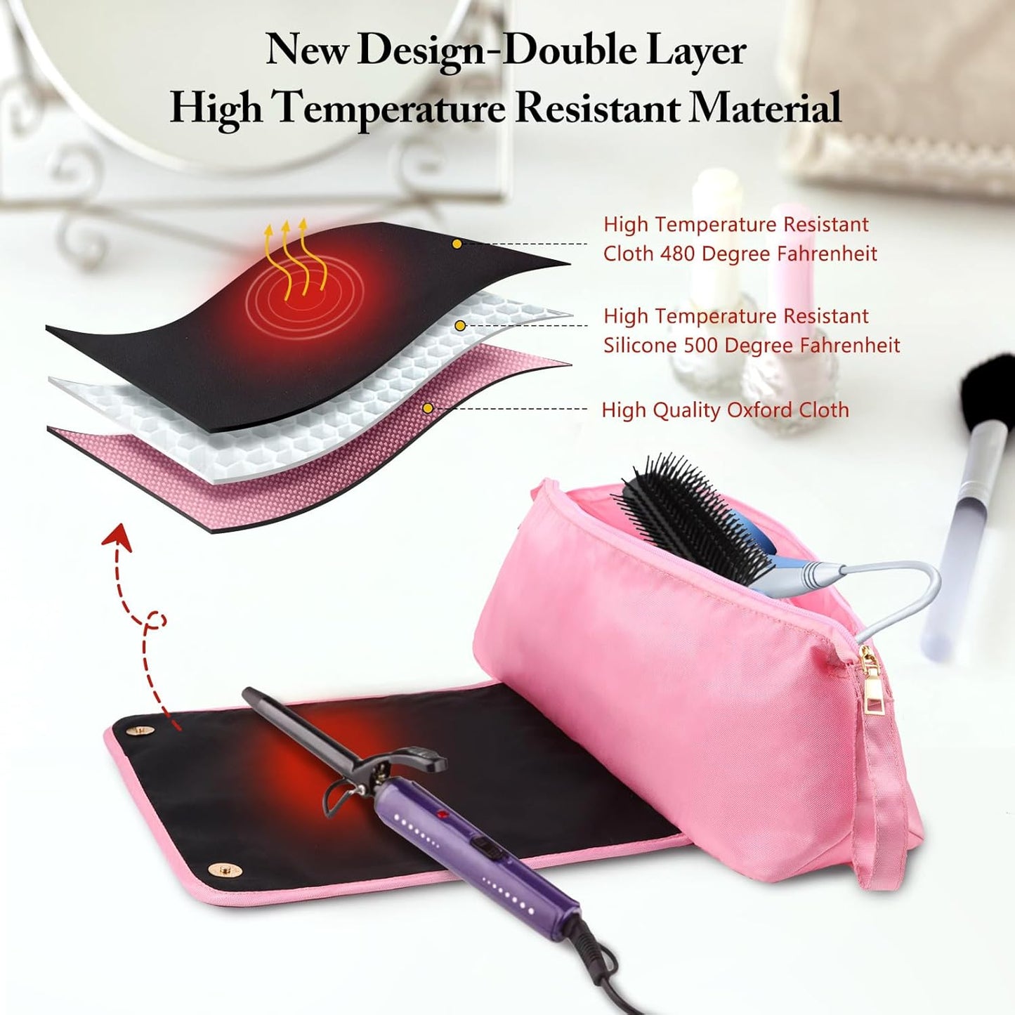 Large Hair Tools Travel Bag with Heat Resistant Mat for Straighteners, Curling Iron, Haircare Accessories, Hair Styling Tools Bag with Silicone Mat (Pink)
