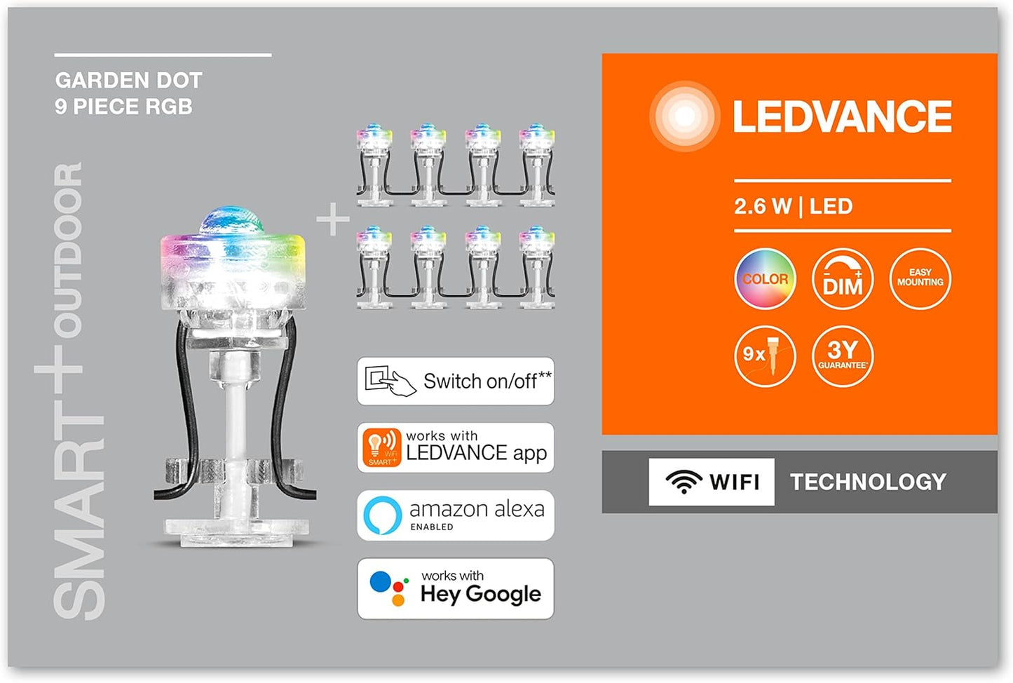 LEDVANCE Smart LED Garden Light with WiFi Technology, Basic Package with 9 LED Points for Outdoor, Changeable RGB Colors, Compatible with Google and Alexa, SMART+ WIFI GARDEN DOT 9P