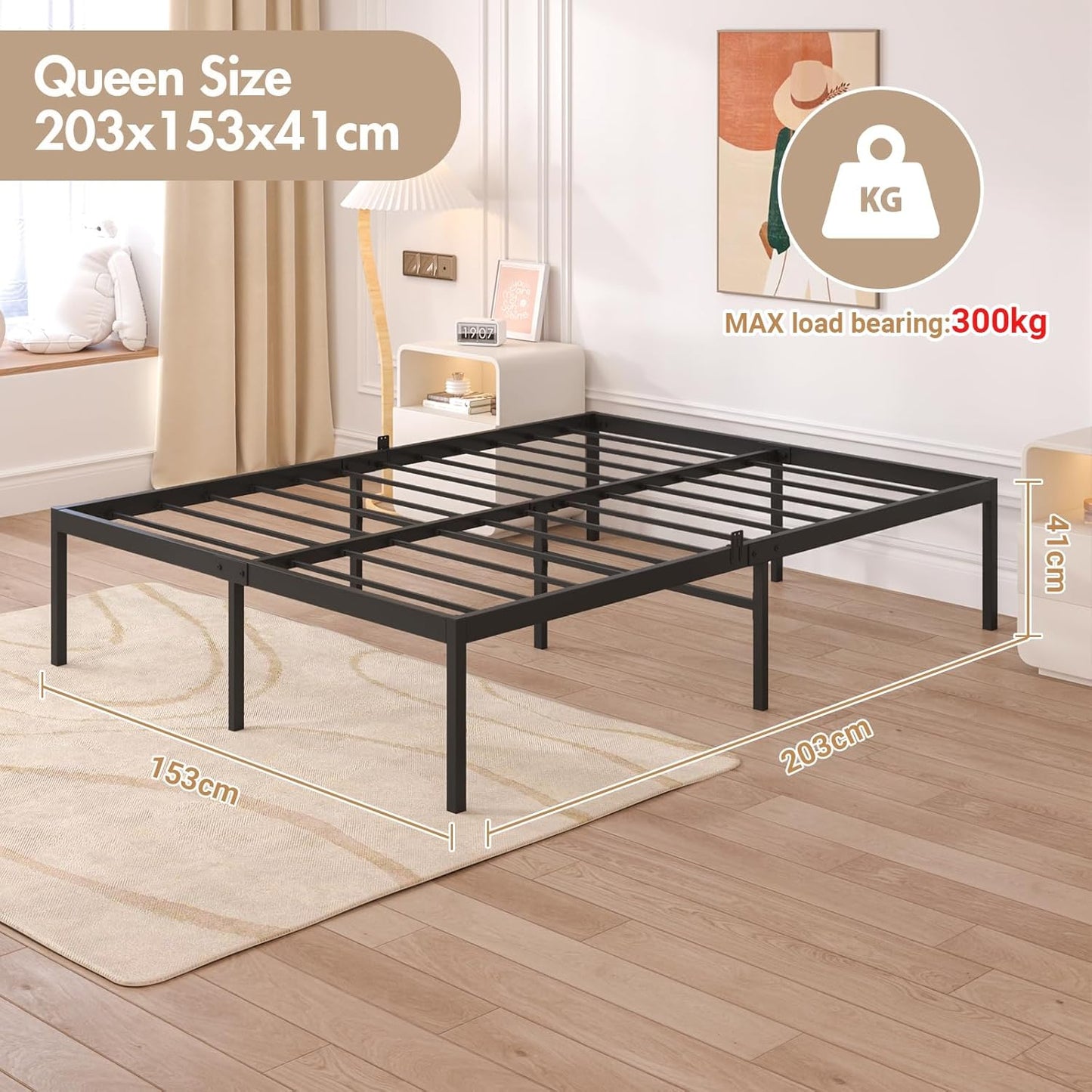 ADVWIN Bed Frame Queen Size, All Metal Material Mattress Base, Large Storage Space Under Platform Bed, Black