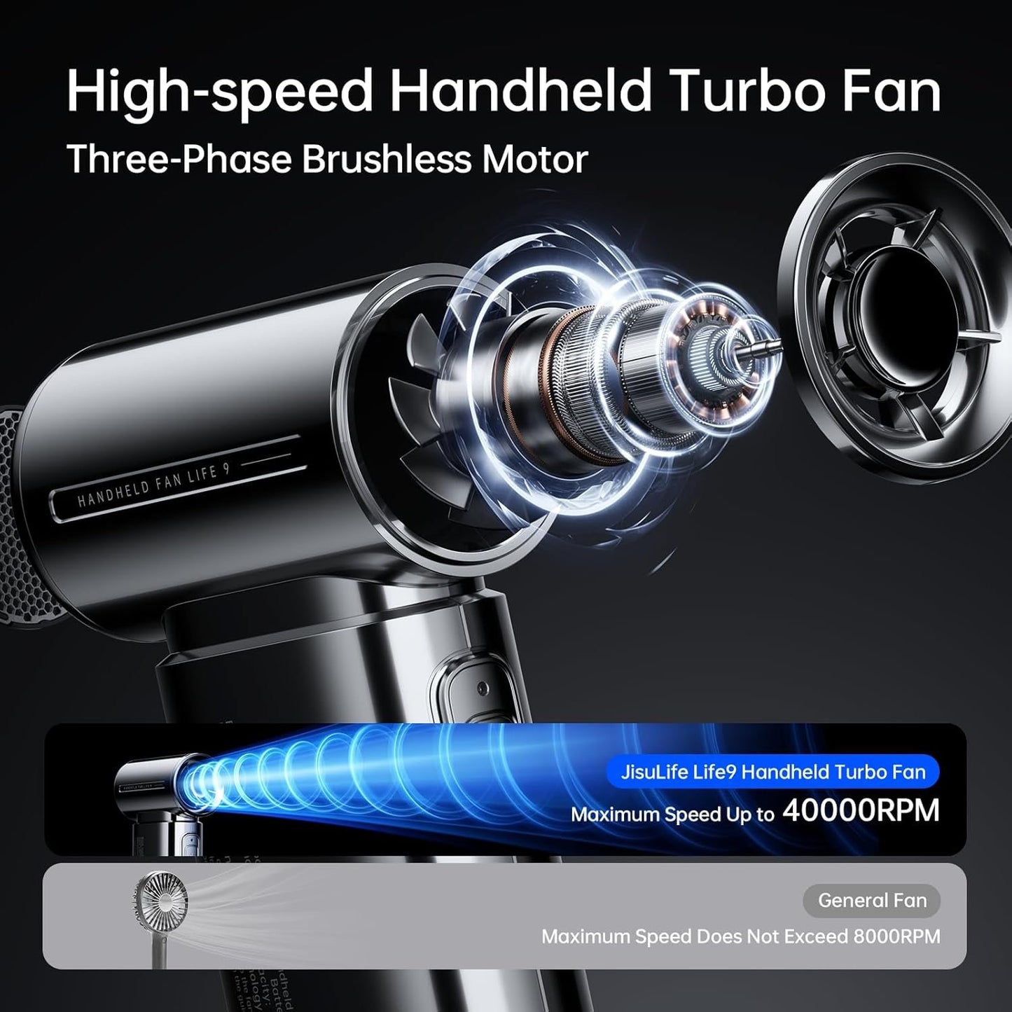 JISULIFE Portable Handheld Fan Life9, Turbo Power High Speed Air [18H Max Cooling Time], 5 Gear Wind, 5000mAh Rechargeable, Mini Pocket Design, Personal Fan for Travel Concerts Cruise Makeup - Chrome