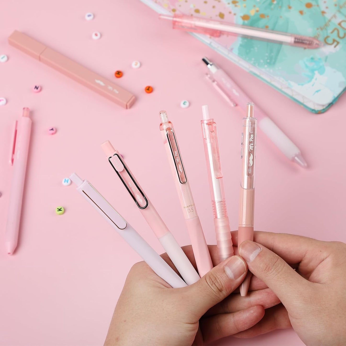 Mr. Pen- Gel Ink Pink Pen Set, 12 Pack, 1 x Aesthetic Highlighter, 0.5mm Cute Pink Pens Black Ink with Pastel Barrels