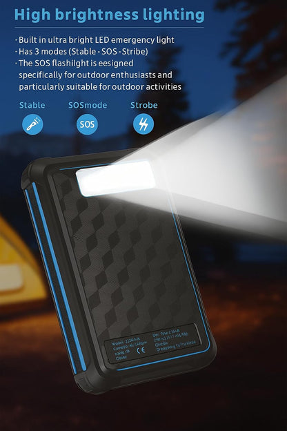 Yukaione 16000mAh Solar Power Bank with LED Light, Foldable 3-Panel Solar Charger, 5W Wireless Charging, USB-C Output, Waterproof Dustproof Shockproof Portable Battery (Blue)