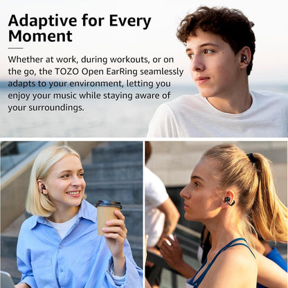 TOZO New OpenEarRing True Open Ear Headphones, Lightweight Comfort Open Ear Clip Wireless Earbuds, 40H Play Bluetooth 5.4 Headphones with Smart Digital Display Design Fit Sports Running, Workout Black